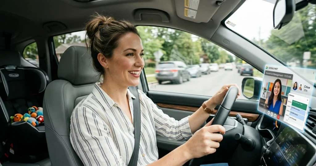 Mom smiling while driving with her Lightyn household manager visible on her car screen, getting real-time support on the go